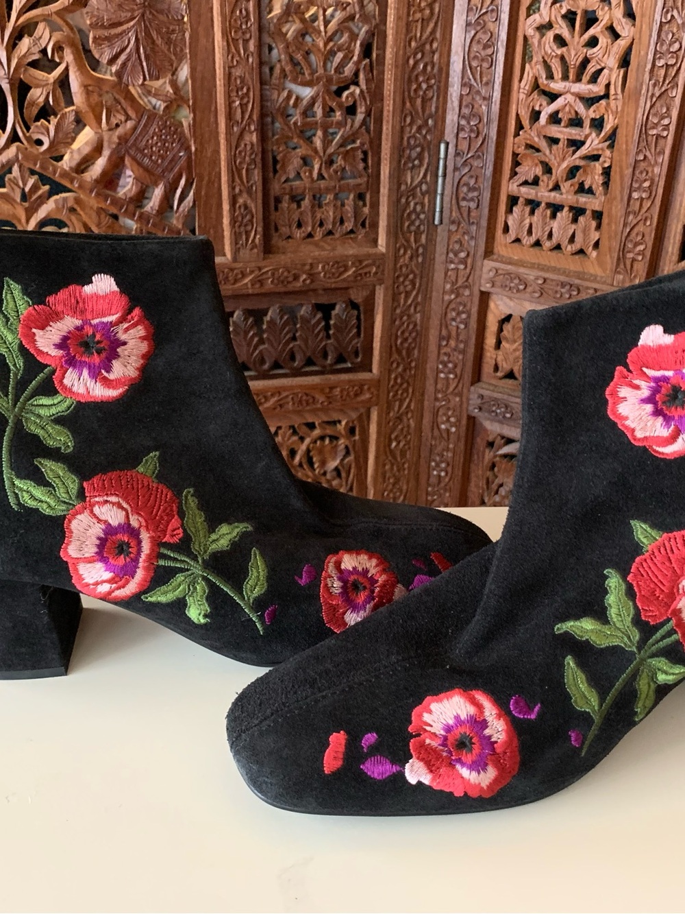 Renvy Black Suede Ankle Boots with Red & Pink Floral Embroidery